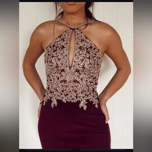 Xscape Burgundy and Gold Backless Dress
